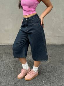 Women's Fashion Pocketed Loose Casual Capri Jeans - Blue - View 3