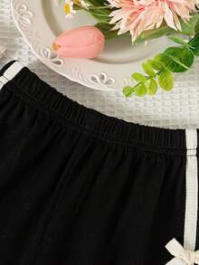 夏季女婴可爱休闲蝴蝶结印花白色圆领短袖上衣和黑色休闲长裤蝴蝶结套装 - 黑與白 - 查看 6