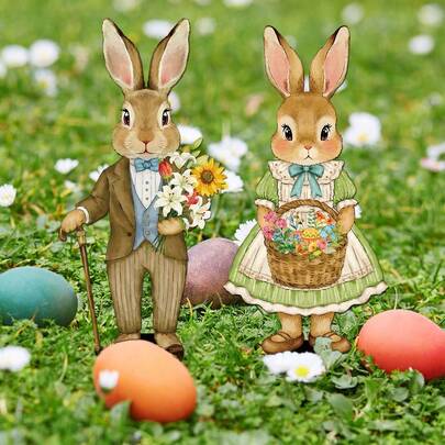 Easter Bunny Garden Stakes, 2D Acrylic Retro Rabbit Couple Decor, Waterproof Outdoor Lawn Signs, Spring Holiday Yard Art, Pastel Floral Easter Egg Patio Ornaments