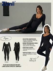 Zimi Collection 1pc Plus Size Women Seamless Long Sleeve Jumpsuit 1XL-4XL, Black Tummy Control Lift Butt Compression Shapewear For Fitness Yoga Running Workout - Black - View 8