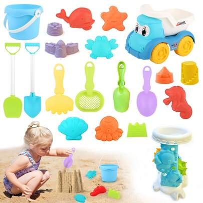 20pcs Beach Toys Set, Beach Car, Sand Digging Toys, Beach Bucket, Shovel, Beach Game Tools, Suitable Summer Beach Gift For Kids, Random Color