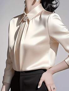 Plus Size Solid Color Lapel Collar Long Sleeve Shirt, Fashionable Elegant Office Commute Versatile Long Sleeve Shirt With Metal Buttons Spring Vacation - Champagne - View 4