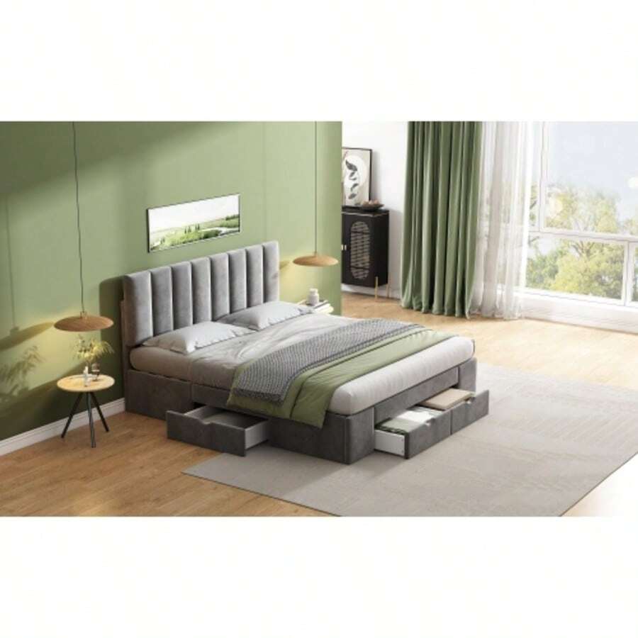 Polsterbett 160 X 200 Cm Samt, Mit Lattenrost Rückenlehne 4 Schubladen, Gray - Grey - View 1