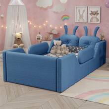 Twin Size Upholstered Kids Bed Frame With Cute Rabbit Headboard,  Soft-Padded Bed Frame And A Cute Rabbit-Shaped Headboard. It Has A Low-Profile Design And Comes With Removable Guardrails. Suitable For Toddlers, Boys, And Girls. - Blue - View 2