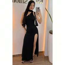 Women's Long Dress With Side Slit, High Neck, And Neck Strap. Stylish, , For New Year's Eve. - 黑色 - 查看 3