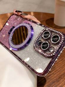 Phone Case: Luxury Rhinestone Transparent Glitter Magnetic Protective Case, Compatible With Apple 16/15/14/13/12/11 Pro Max/15/16 Plus/SE4, Mirror Magnetic Bracket Soft Shell - Pink - View 4