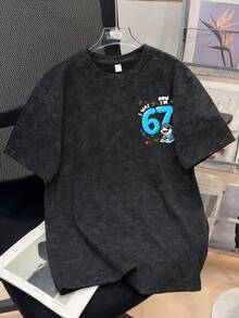 Serie de camisetas de manga corta y cuello redondo con estampado casual para niños, con el número "67" y estampado de tiburón, adecuado para el uso de estudiantes en verano - Camiseta de color natural, adecuada para todo joven explorador, camiseta gráfica para niños - Negro - Ver 4