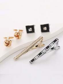 Cross-Border Hot-Selling Painted Copper Tie Clip And Round Twist Men'S Cufflinks | Easy Shirt Plaid Tie Clip Set, Stainless Steel Material - Gold and Silver - View 2