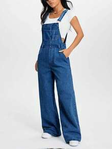Women's Casual Denim Overalls - Adjustable Straps With Front Bib Pocket, Loose Fit Jumpsuit Romper Comfortable Soft Fabric,Summer Outfits For Women,Baggy Jeans,Going Out Outfits,Overol Mujer,Denim Romper,Wide Leg Jeans,Ropa De Verano Mujer,Concert Outfits,Festival Outfits For Women,Easter Outfit Women. - 深色水洗藍 - 查看 3