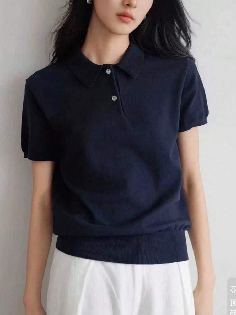 Damen marineblau einfarbiges Poloshirt mit kurzen Ärmeln, lässig und vielseitig, Wendepolokragen Sportliches Strickoberteil, Sommer - marineblau - Übersicht 1