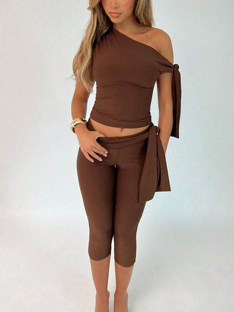 2pcs/Set Women Solid Color Asymmetric Collar Form-Fitting Top And 3/4 Leggings Casual Outfit Summer - Coffee - View 1