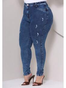 Casa De Jeans - Women's Plus Size Skinny Jeans With High Waist And Lycra Elastane - Giặt vừa - Xem 2