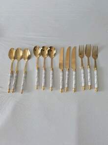 Conjunto de 24 piezas/4 piezas de cubiertos (cuchillo, tenedor, cuchara) de acero inoxidable con estampado de mármol, cubiertos de estilo occidental para filete, cuchara de postre - Dorado - Ver 9