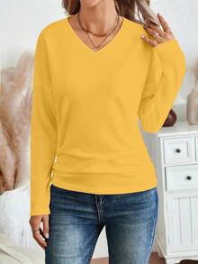 Camiseta amarilla de manga larga con cuello en V casual y versátil para mujer, camiseta suelta de hombros caídos de unicolor, semitransparente - Amarillo - Ver 5
