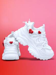 增高7厘米时尚休闲厚底运动鞋,女款,可拆卸3D爱心装饰吊坠,适合情人节、户外活动、四季穿着,EVA厚底,系带设计,轻便,减震,防滑,透气网面,圆头,休闲,校园,日常,约会,运动,办公,厚底运动鞋 - 白色 - 查看 16