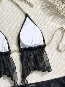 三件套性感黑色蕾丝休闲泳衣套装，女士吊带比基尼上衣，侧系带泳裤搭配沙滩裙，高弹力面料，适合度假休闲，优质夏季泳装套装 - 黑色 - 查看 10