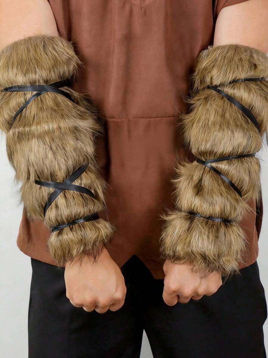1 Pair Medieval Faux Fur Warmer Arm Wrap Fuzzy Cover Artificial Fur Barbarian Wrist Band Arm Guards For Men/Women Costumes Props - Light Brown - View 1
