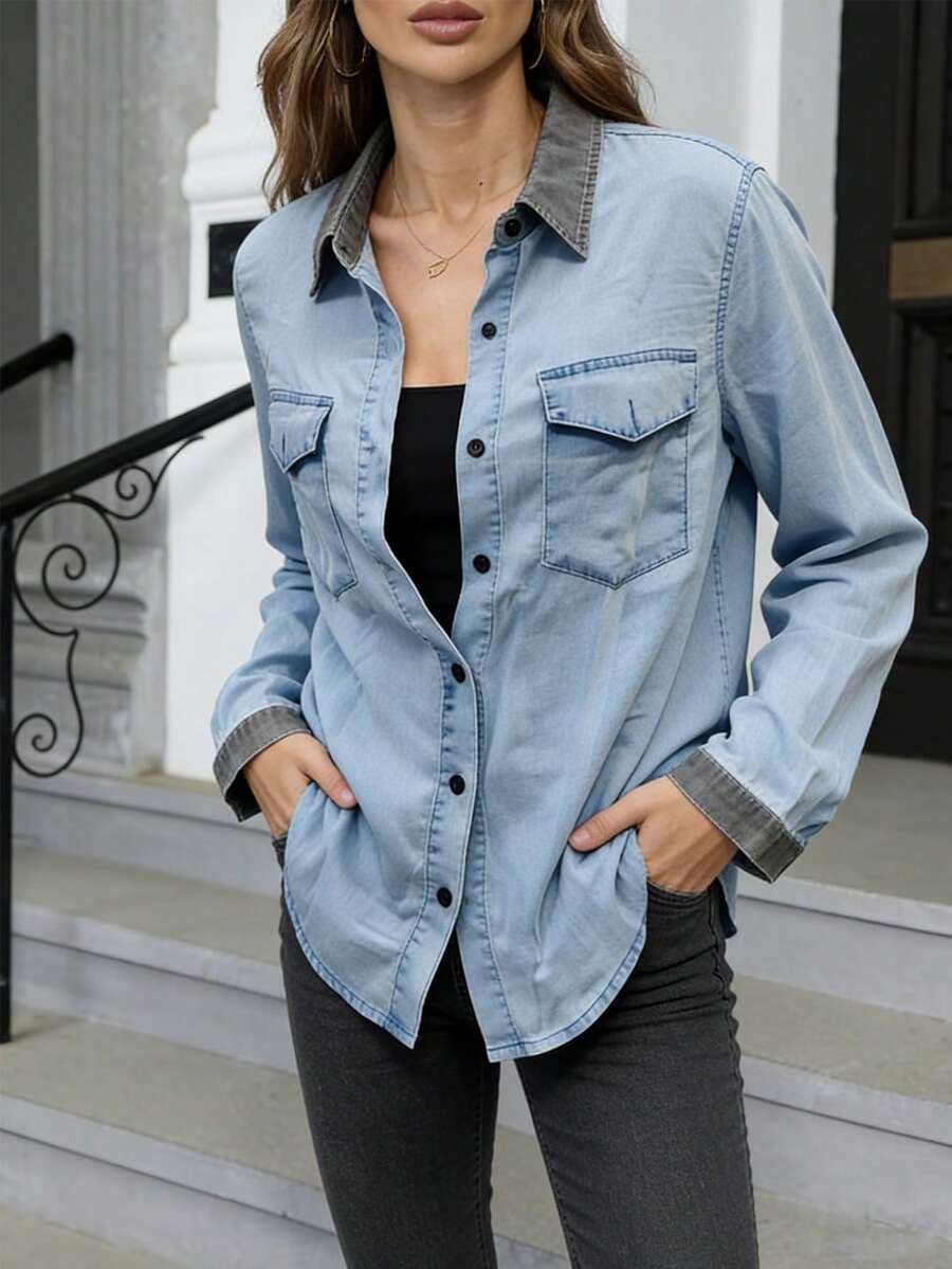 Women's Casual Collared Single-Breasted Long Sleeve Denim Blouse, Versatile For Daily Wear Spring - Light Wash - View 1