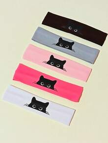 3/5pcs Cute Black Cat Pattern Headbands - 5 Colors (Dark Brown, White, Light Pink, Dark Pink, Gray) Elastic Non-Slip Couples/Best Friends Women & Girls Headbands | Suitable For Sports, Yoga, Daily Wear And Casual Styles | Great Gift For Cat Lovers, Birthdays And Holidays Workout Hair Band Running Hair Accessories Yoga Head Scarf Sport Sweatband - Multicolor - View 1