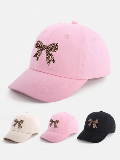 1顶幼儿女童棒球帽（3-7岁）——可爱豹纹蝴蝶结装饰遮阳帽，柔软可调节防紫外线，非常适合返校、游乐场玩耍、家庭远足和夏季户外探险。