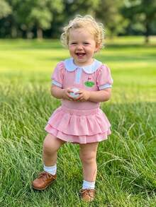 Baby Girls Summer Shorts Outfits Short Sleeve Doll Collar Golf Court Embroidery Romper Tiered PP Shorts Sets - 粉色 - 查看 3