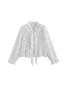 Áo kiểu chiffon màu trắng trơn chấm bi cổ buộc dây viền bèo nhún hiệu Dongdaemun Hàn Quốc, mùa xuân - trắng - Xem 5