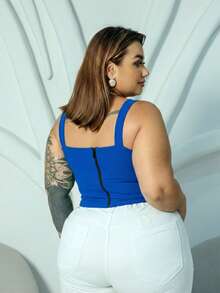 Women's Plus Size Cropped Summer Party Blouse With Neckline, Bengaline Fabric, Thick Straps, And Pointed Detail - 寶藍色 - 查看 3