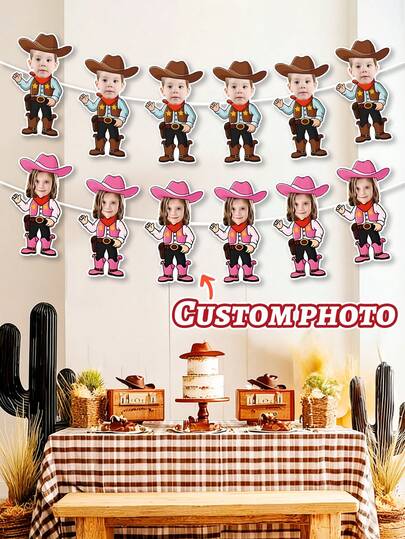7/14/21pc Custom Western Themed Birthday Party Paper Banner,Personalized Face Photo, Pink Brown Riding Horse Cowboy Cowgirl Design, Room Hanging Decorations, Western Cowboy Banner,Happy Birthday And Anniversary Celebrations Banner