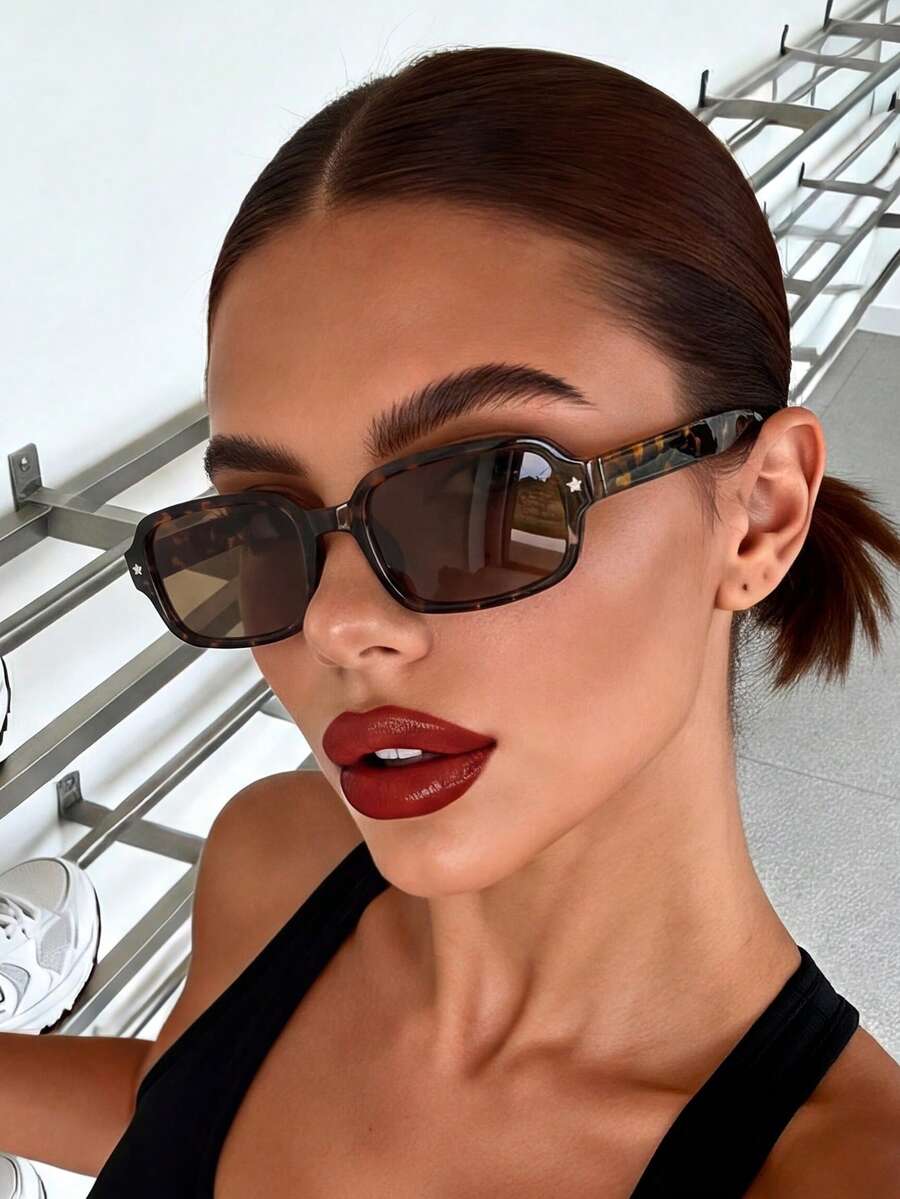 1 Pair Unisex Leopard Print Bohemian Style Rectangular Small Frame Fashion Glasses, Suitable For Daily Wear, Leopard Tortoiseshell Bohemian Style Rectangular Frame, Suitable For Vacation, Beach, Travel - Brown - View 1