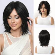 Tóc giả ngắn nhiều lớp màu đen kiểu bob 12 inch, chất liệu tổng hợp tự nhiên, có mái - Tóc giả thời trang chịu nhiệt, trông tự nhiên dành cho phụ nữ, phù hợp để đội hàng ngày và dự tiệc. - màu đen - Xem 12