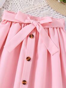 少女卡通印花短袖上衣和系带迷你裙套装 - 白色 - 查看 6