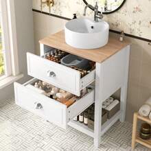 Bathroom Vanity Unit With Round Ceramic Basin – Single Basin With 2 Drawers And Open Storage Compartment – Freestanding Vanity Unit In White And Wood-Effect Finish - White - View 9