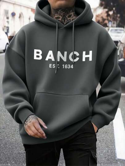 Men's Casual Fashionable Street Hoodie With Letter Print, Kangaroo Pocket, Drawstring, Comfortable Thermal Lining, Autumn/Winter