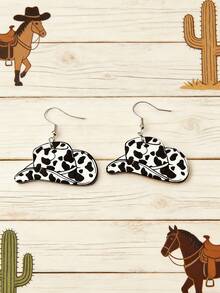 1 Pair Western Cowboy Style Fashionable Versatile Black & White Cow Print Acrylic Cowboy Hat Drop Earrings, Suitable For Women Party, Daily Wear, Vacation Outfit - Black and White - View 4