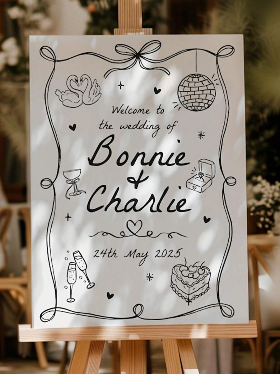 Customized Photo Welcome Sign, Hand-Painted Wedding Sign With Creative Doodle Design - Material, Suitable For Weddings And Christmas Parties - Multicolor - View 1