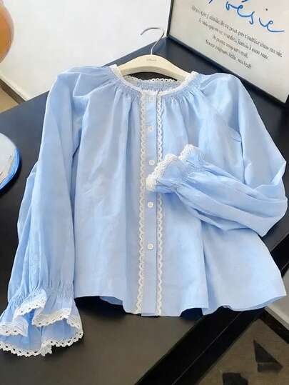 ii Áo kiểu nữ tay dài cài một hàng khuy ren, cổ tay bèo nhún, kiểu dáng thường ngày, đa năng, thích hợp cho mùa xuân.