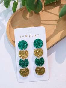 1对亚克力圣帕特里克节绿色和金色渐变闪光圆形耳环，优雅4件套耳环，女士派对礼物 - 彩色 - 查看 4
