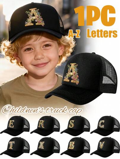 1pc Kids Black 26 Letter Floral Decor Print Pattern Personalized Truck Driver Baseball Cap, Hollow Design, Fashionable Elegant, Lightweight Breathable Sun Protection Hat, Practical Gift For Children, Suitable For Boys And Girls Casual Daily Wear In Spring And Summer