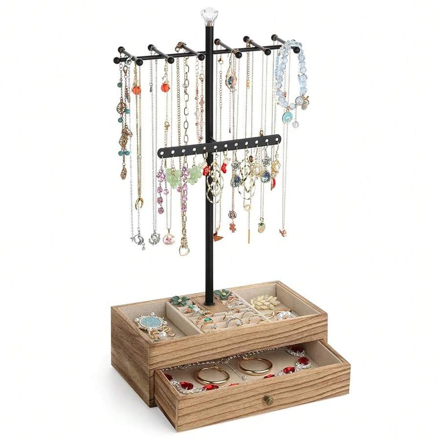 Meangood Jewelry Organizer Stand, 3-Tier Necklace Holder Jewelry Tree With Wooden Storage Drawer Box For Necklace Bracelet Earring Ring, Carbonized Black - 碳化黑 - 查看 1