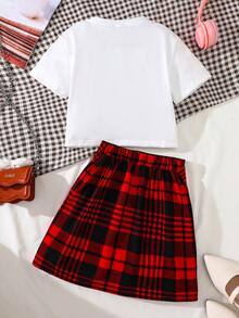 2pcs Y2K Aesthetic Girls Outfit, Red & Black Plaid + Graphic Tee + Plaid Skirt, Casual Streetwear, Birthday Party, Suitable For 8-12 Years Old - Red - View 6