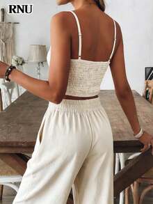 RNU Women's Apricot Elegant Gathered Bra Cup Bowknot Camisole, Paired With Elastic Waist Straight Leg Pants, 2-Piece Casual Outfit Suitable For Holiday, Beach, Valentine's Day, Carnival, Commuting, Office, Spring/Summer - Apricot - View 10