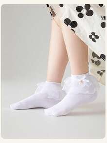 1 Pair Cotton Girls' Large Lace Pearl Bow Dance Socks, Elegant Princess Style Mesh Short Socks For Party Outfit - White - View 6