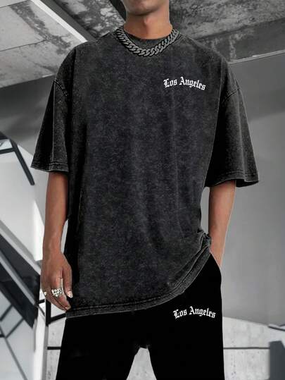 Herren Lässiges, vielseitiges Set aus Kurzarm T-Shirt mit englischem Slogan und Shorts, Frühling/Sommer