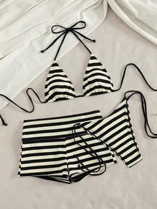 PEPPERMOLLY 三件套女士泳装比基尼套装，复古黑白条纹沙滩短裤/罩衫/生日装/休闲/Y2K/2000年代/Y2K时尚/优雅/老钱/街头风/度假夏季装扮 - 黑與白 - 查看 8