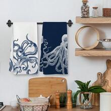 Coastal Octopus Beach Decor Dish Hand Tea Towels For Bathroom Kitchen, Octopus Ocean Nautical Beachy Bathroom Decor, Coastal Nautical Kitchen Towels And Dishcloths Sets Of 2, 16x24 Inches - 藍章魚 - 查看 3