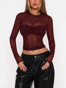 Vuslat Women's Versatile Sexy Tight Shirt Y2K Bombshell Deep Red Leopard Print Sheer Mesh Long Sleeve Crew Neck Top, Casual Sheer Blouse, Suitable For Valentine's Day, New Year - Burgundy - View 10