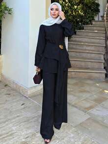 Women Asymmetric Hem Top And Pants Conservative Suit Spring Black - Black - View 7