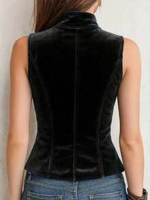 Navy Blue Retro Palace Style Vest - Double-Breasted Design, Made Of Soft And Comfortable Velvet Fabric, Ideal For Everyday Wear - 深藍色 - 查看 7