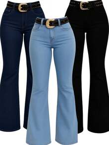 Calça Country Flare Jeans Feminina Lisa Modela Bumbum Linha Premium Cintura Alta com Lycra Rodeio Cavalgada West - Preta - Lisa - Visão 1