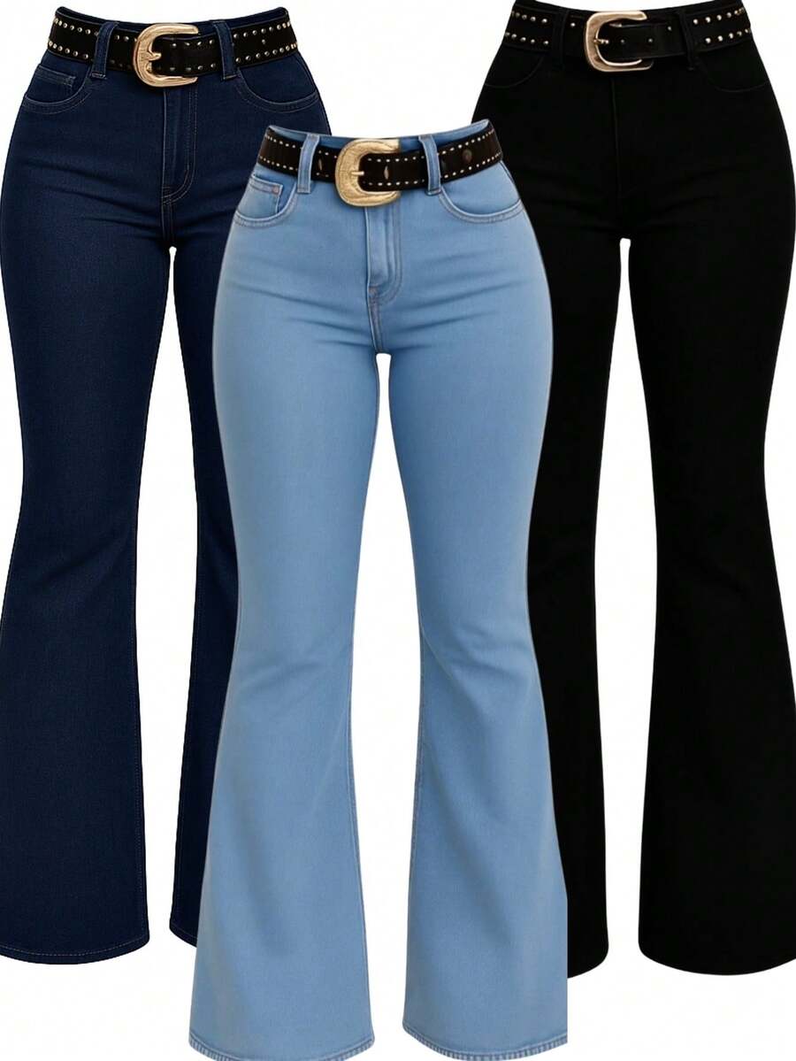 Calça Country Flare Jeans Feminina Lisa Modela Bumbum Linha Premium Cintura Alta com Lycra Rodeio Cavalgada West - Preta - Lisa - Visão 1